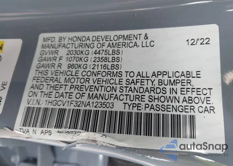 2022 Honda Accord Sport из США, поврежденный, VIN 1HGCV1F32NA123503